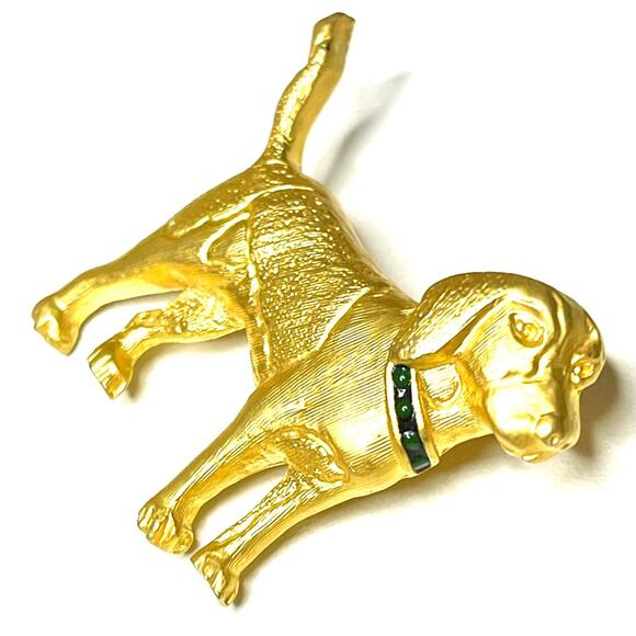 Dog Brooch Green Gold Tone Vtg Estate Jewelry Vintage Pin O30 - Picture 3 of 4